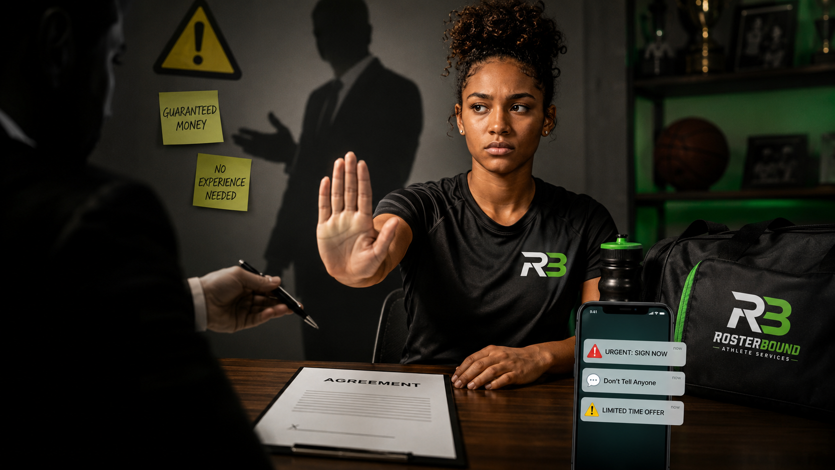 An athlete raising a hand to stop a suspicious agreement being pushed across a table.