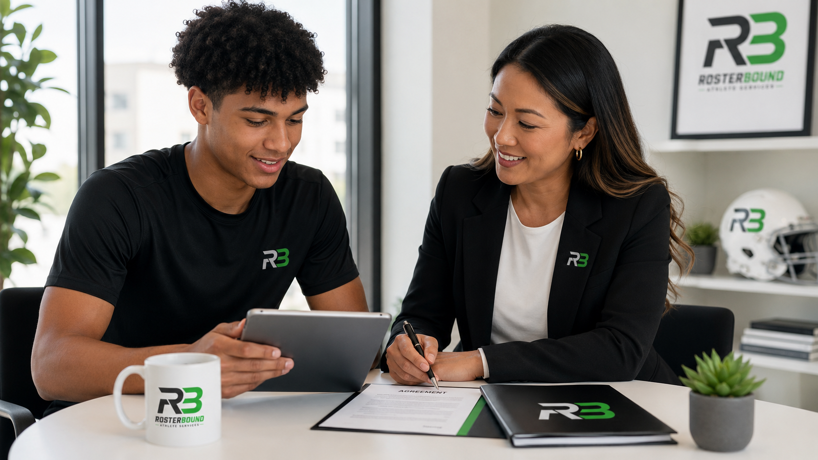 An athlete reviewing an NIL agreement with a representative at a conference table.