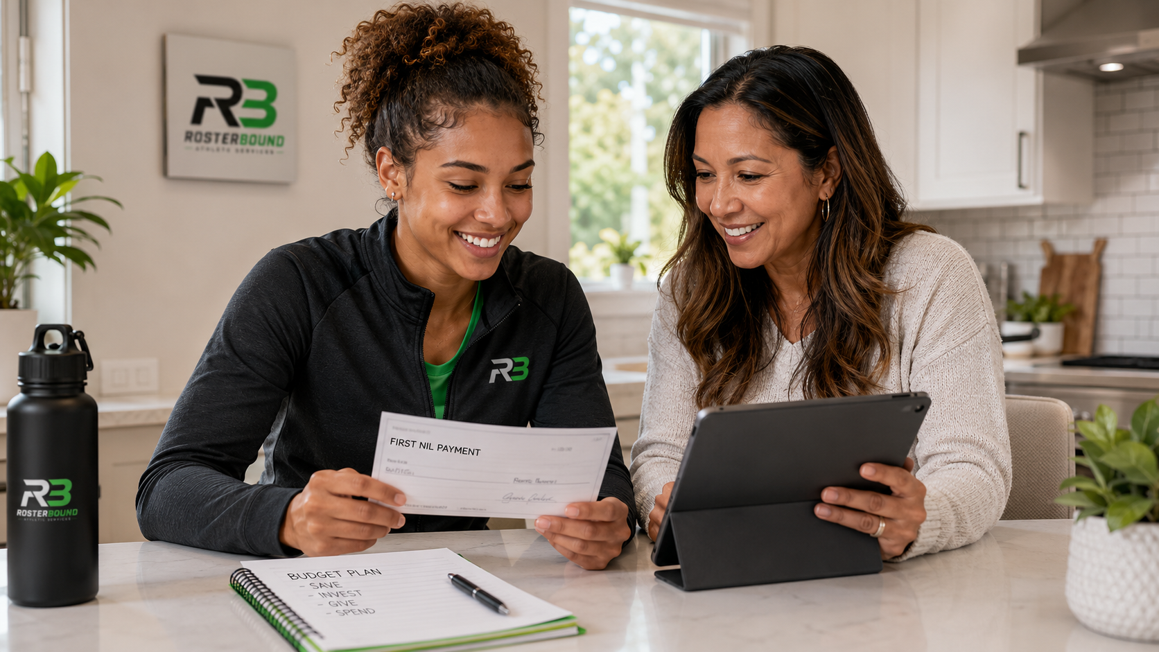 An athlete reviewing her first NIL payment with a family member at a kitchen counter.