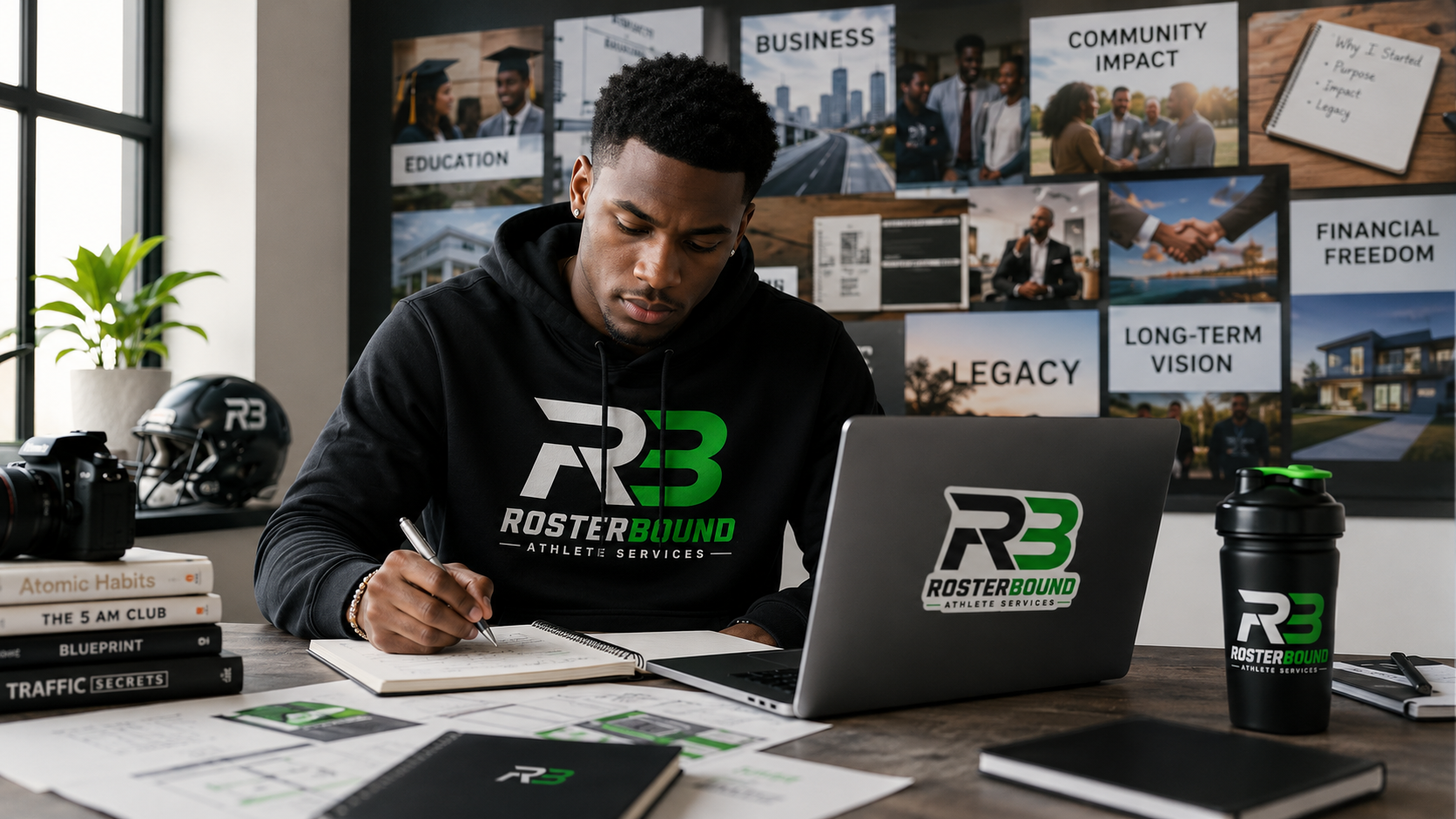 A student-athlete working at a desk surrounded by images representing education, legacy, and long-term vision.